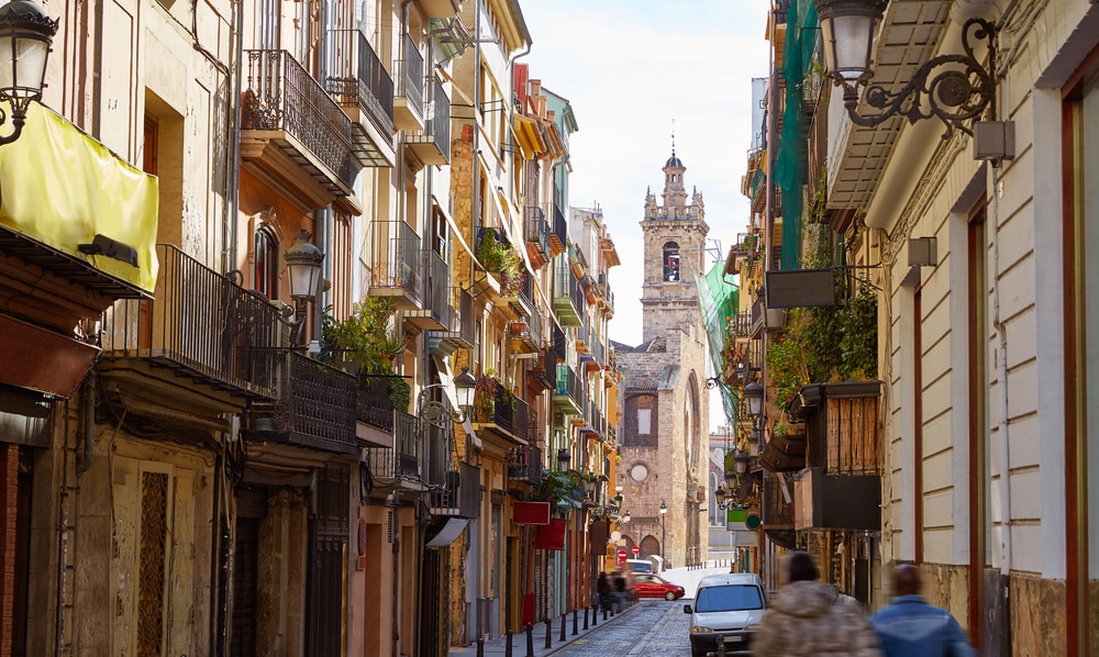 smal straatjes met gekleurde huizen en vele kleine balkonnetjes met planten in de wijk el Carmen in Valencia