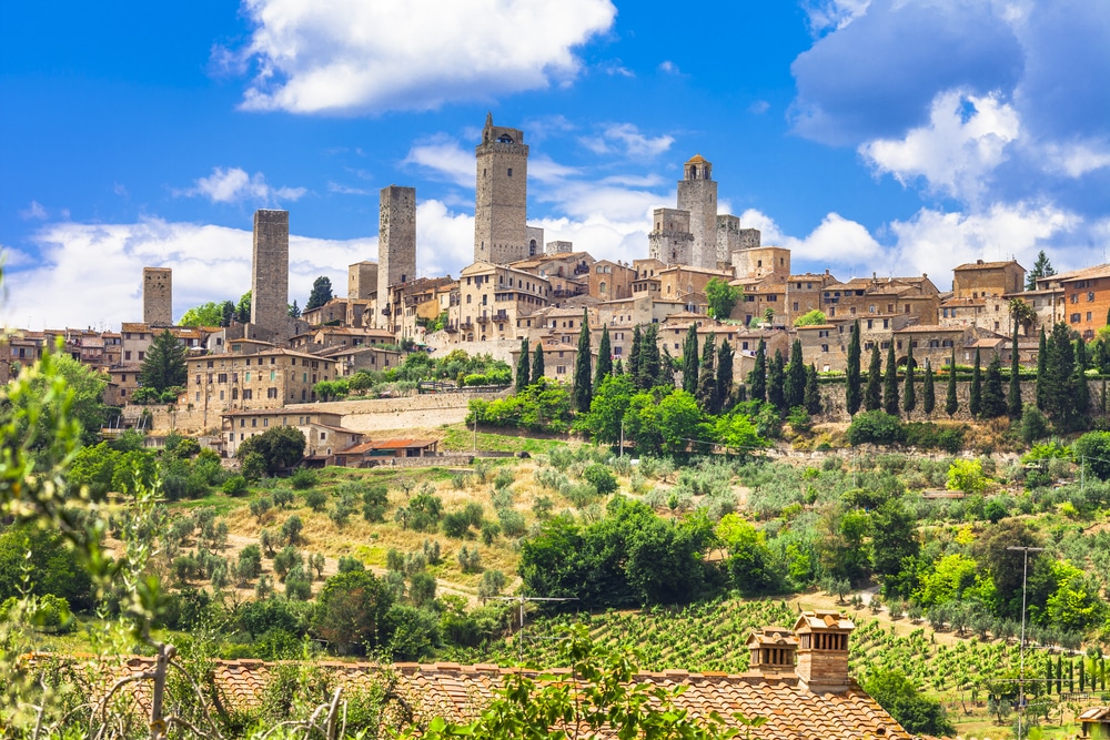 het dorpje San Gimignano gezien vanaf het platteland. Op de voorgrond zie je velden, bomen en struiken en daarachter zie je het dorp met zijn huizen en hoge torens.