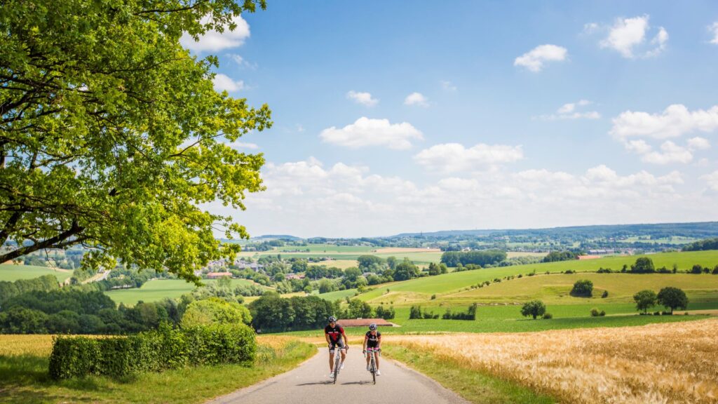 wielrenners die een heuvel op fietsen in Limburg. De foto is van bovenop de heuvel genomen en de wielrenners fietsen in de richting van de lens. Ahcter de wielrenners ligt een uitgestrekt heuvellandschap.