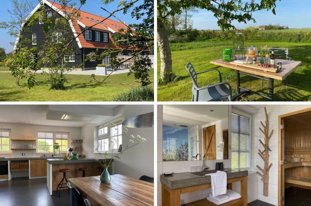 fotocollage van een natuurhuisje in het dorpje Den Burg op Texel met een foto van de buitenkant van het huis, een foto van een ontbijtje op de tafel in het grasveld, een foto van de eetkamer met open keuken en een foto van de badkamer met sauna