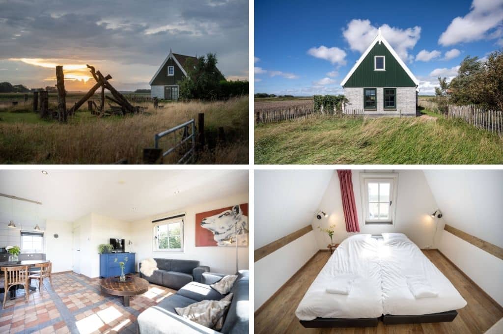 fotocollage van een natuurhuisje op Texel in het dorpje De Waal met twee foto's van de buitenkant, een foto van de woonkamer met twee grijze banken en een foto van een tweepersoonskamer met twee eenpersoons boxsprings aan elkaar