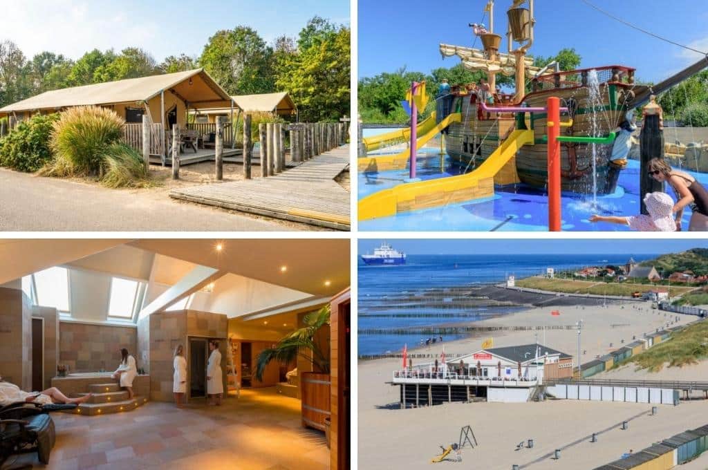 fotocollage van Vakantiepark de Meerpaal in Zeeland met een foto van twee safaritenten, een foto van de waterspeeltuin, een foto van de spa en een foto van het strand