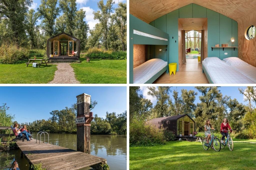 fotocollage van een wikkelhouse in de Dordtse Biesbosch, met een foto van het vooraanzicht, een foto van het slaapgedeelte, een foto van de steiger en een foto van twee fietsende vrouwen voor de tiny house