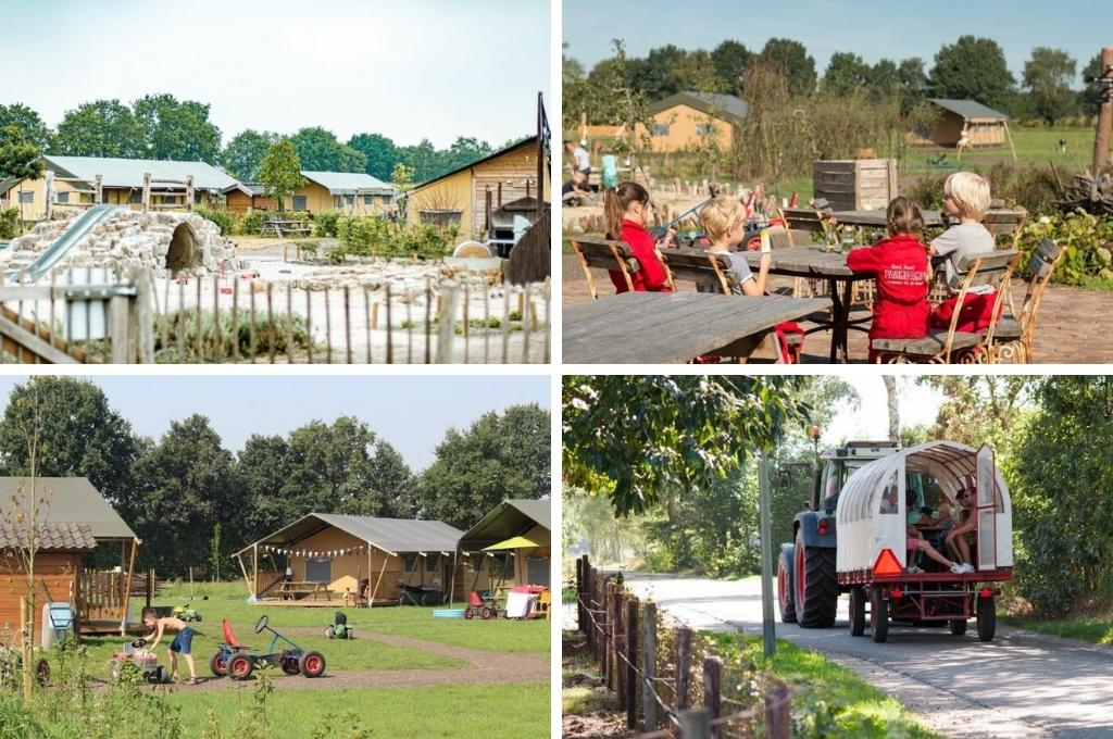 fotocollage van FarmCamps BoeBaDoe in Limburg met een foto van de safaritenten op het terrein, een foto van kinderen aan een tafel in boeren overalls, een foto van een kindje bij een skelter en kleine tractor voor de safaritenten, en een foto van kinderen in een huifkar