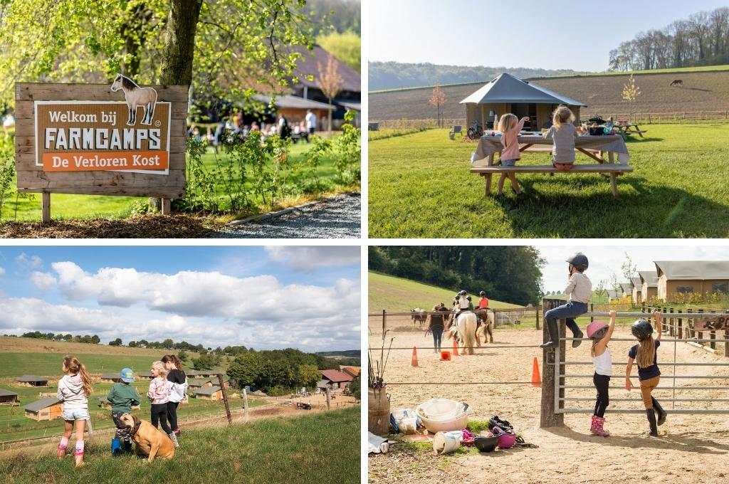 Fotocollage van FarmCamps De Verloren Kost in Limburg met een foto van een houten bord met daarop de tekst "Welkom bij FarmCamps De Verloren Kost" en afbeelding van een paard, een foto van twee meisjes aan een picknicktafel, een foto van kinderen en een hond op een heuvel, en een foto van kinderen met helmpjes bij de buitenbak