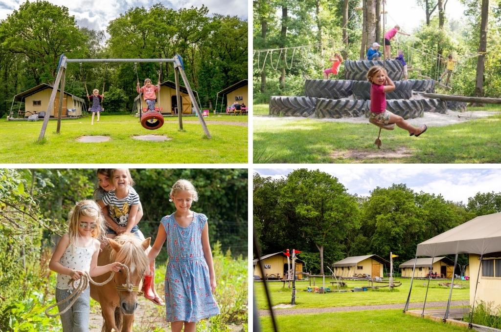 fotocollage van boerderijcamping FarmCamps De Geele Bosch in Friesland met een foto van schommelende kinderen, een foto van een meisje op een kabelbaan in het bos, een foto van meisjes op een pony en een foto van een veldje met safaritenten