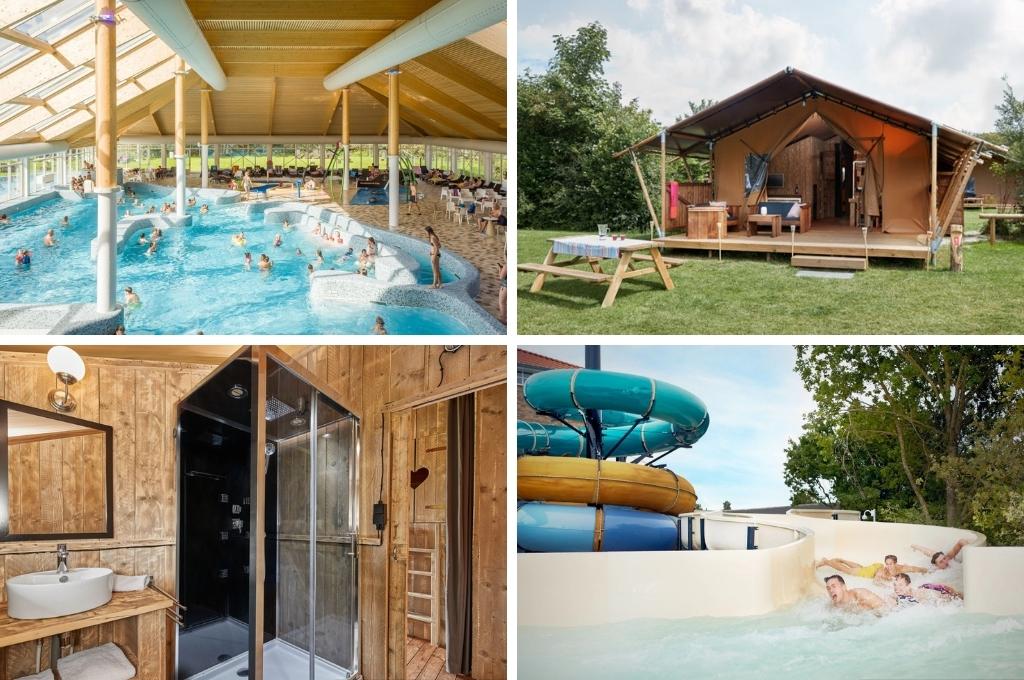 fotocollage van Vakantiepark De Krim op Texel met een foto van het binnenzwembad, een foto van een safaritent, een foto van een badkamer in een safaritent en een foto van de waterglijbaan buiten