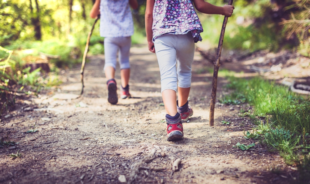 twee kindjes met bloemenblousje, driekwart legging, wandelschoenen en een wandelstok op een wandelpad. De kindjes zijn van achter gefotografeerd en staan er van hun voeten tot onder de schouders op.