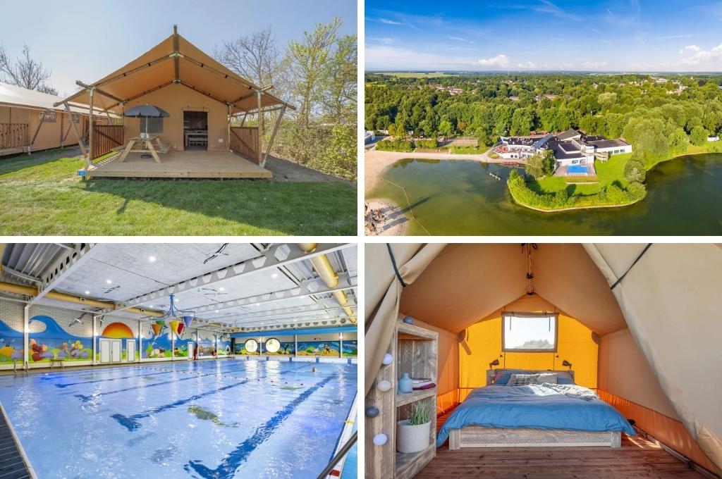 fotocollage van Roompot vakantiepark Hunzedal in Drenthe met een foto van het vooraanzicht van een safaritent, een foto van bovenaf van het park gezien vanaf het water, een foto van het binnenzwembad en een foto van een slaapkamer in een lodge