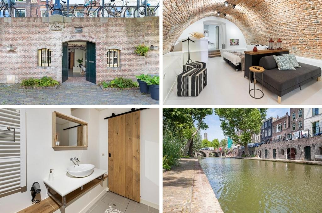 fotocollage een modern appartement in een werfkelder in Utrecht met een foto van de ingang, een foto van het leefgedeelte met bed, een foto van een badkamer en een foto van de gracht waaraan het appartement grenst