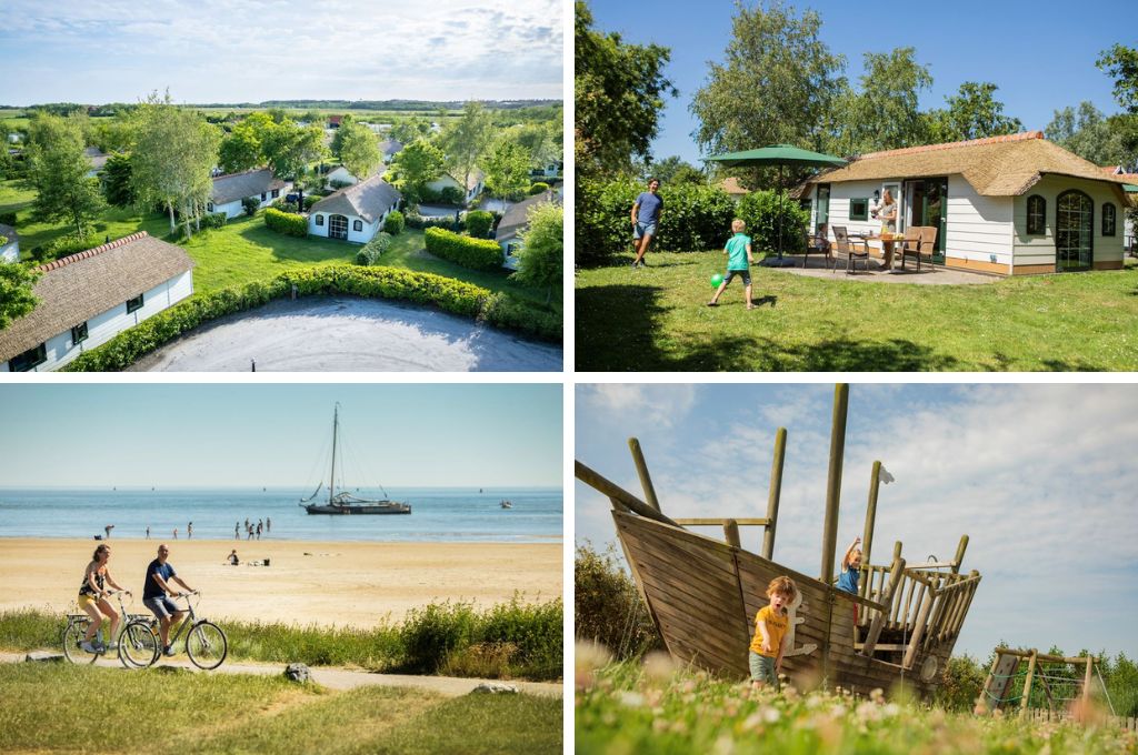 fotocollage van Beach Park Shutterbos met een foto van de rieten cottages op het park van bovenaf, een foto van een man met een zoontje dat voor het terras van hun cottage voetbalt, een foto van een stel dat langs het strand fietst en een foto van kinderen die spelen op het houten speelschip