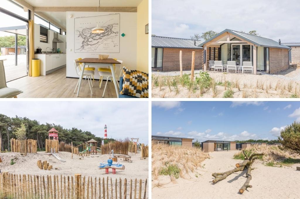 fotocollage van Roompot Ameland met een foto van de eetkamer en keuken in een moderne lodge, een foto van de buitenkant van een strandlogde, een foto van de speeltuin op het strand en een foto van een boomstam op het strand met op de achtergrond de lodges