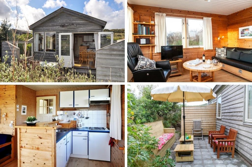 fotocollage van een natuurhuisje op Vlieland met een foto van de buitenkant van het houten chalet, een foto van de woonkamer met zwarte stoel en bank, een foto van het keukentje en een foto van het terras met houten tuinmeubilair