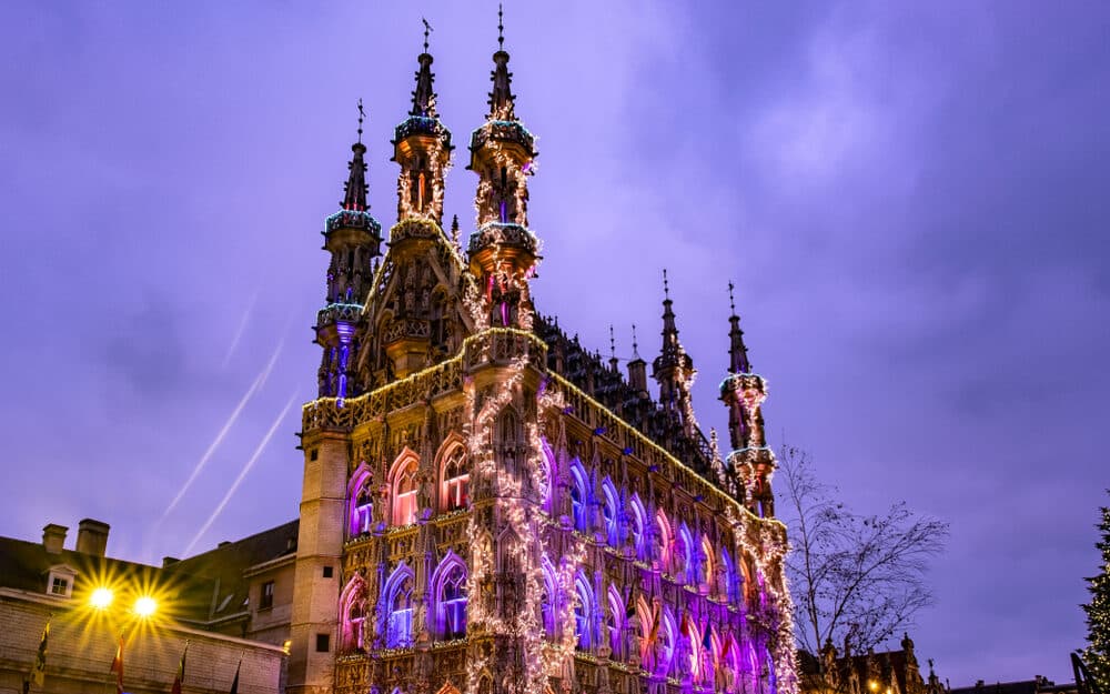 Met kerstlichtjes versierde kathedraal in Leuven.