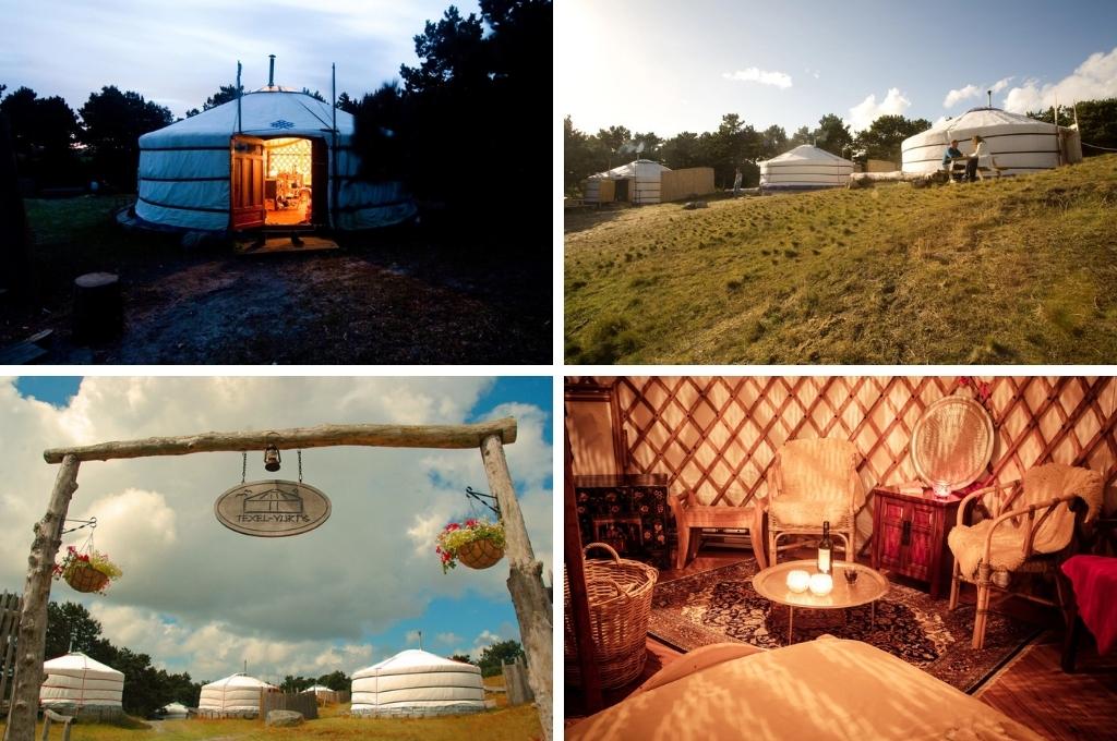 fotocollage van de yurts op Texel met een foto van een yurt bij schemering, een foto van drie yurts overdag, een foto van de ingang van het terrein en een foto van het interieur van een yurt