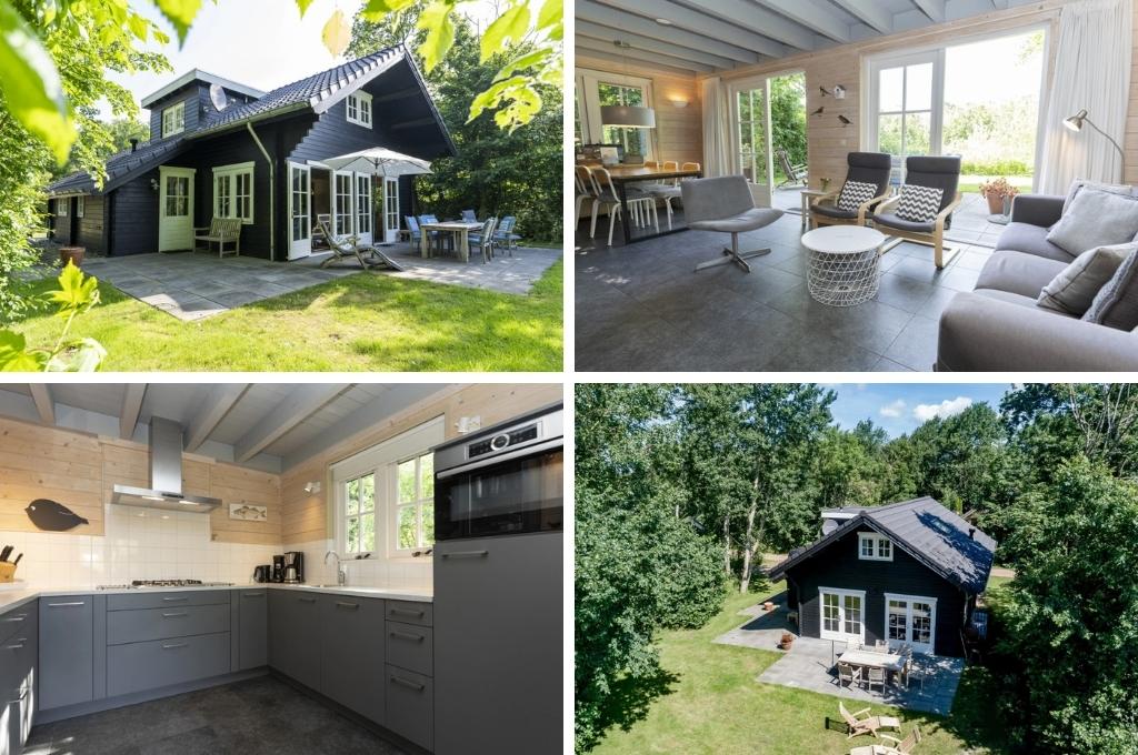 fotocollage van een boshuisje op het Waddeneiland Texel met een foto van het aanzicht vanuit de tuin, een foto van de woonkamer, een foto van de keuken en een foto van het bovenaanzicht