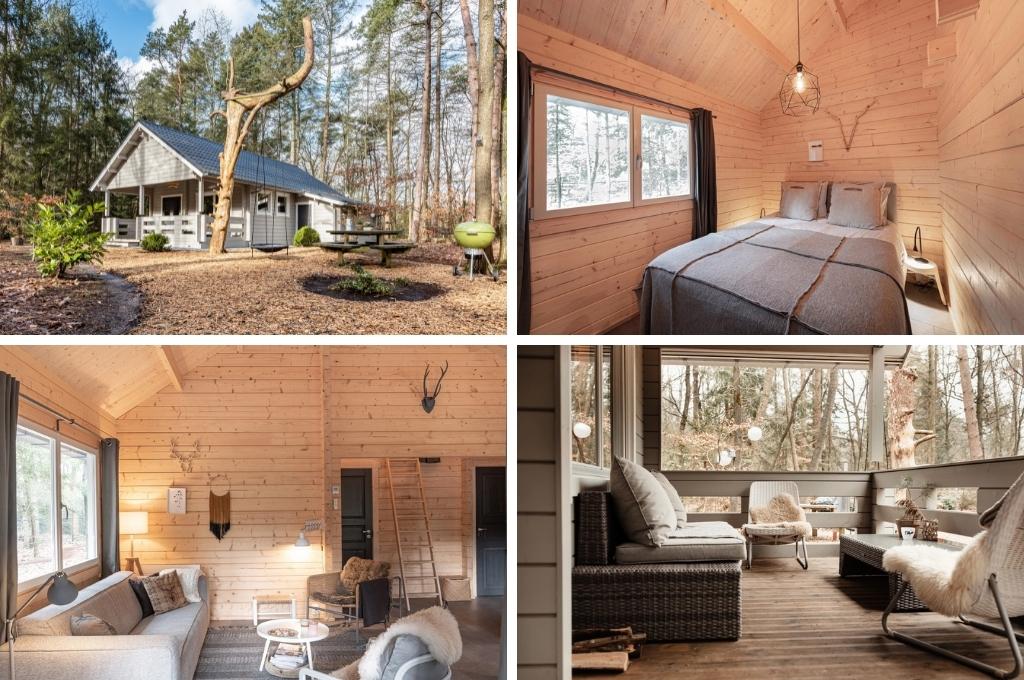 fotocollage van een houten lodge met veranda in de bossen op de Veluwe met een foto van de tuin en het vooraanzicht, een foto van een slaapkamer, een foto van het zitgedeelte en een foto van de gemeubileerde veranda