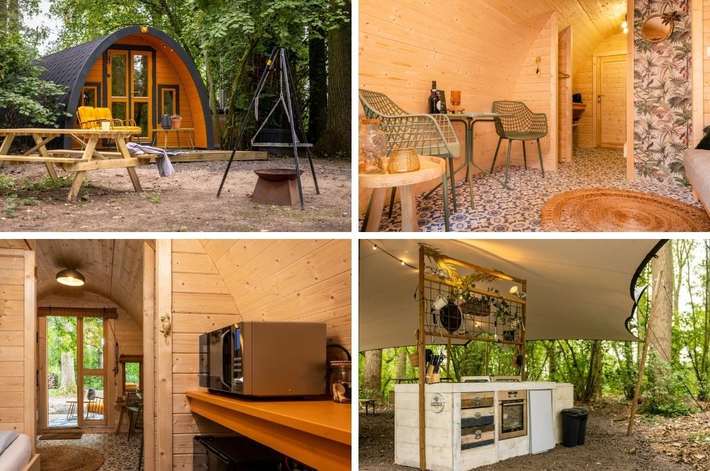 fotocollage van een trekkershut met kleine veranda in een bosrijke omgeving in Gelderland, met een foto van het vooraanzicht met terras, twee foto's van het knusse interieur en een foto van de buitenkeuken op het terrein