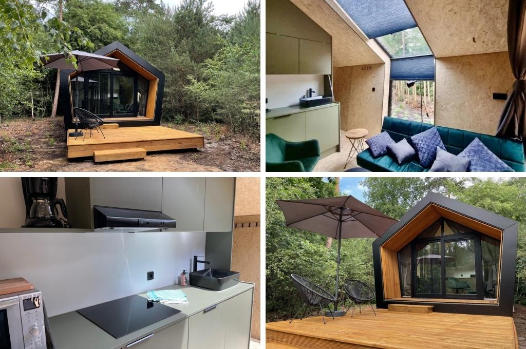 fotocollage van een tiny house in de vorm van een 5-hoekige dimant in het Overijsselse Holtne, met twee foto's van de voorkant, een foto van de leefruimte en een foto van de keuken