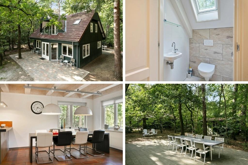 fotocollage van een boshuisje in Drenthe met een foto van de voorkant, het toilet, de eetkamer en het terras