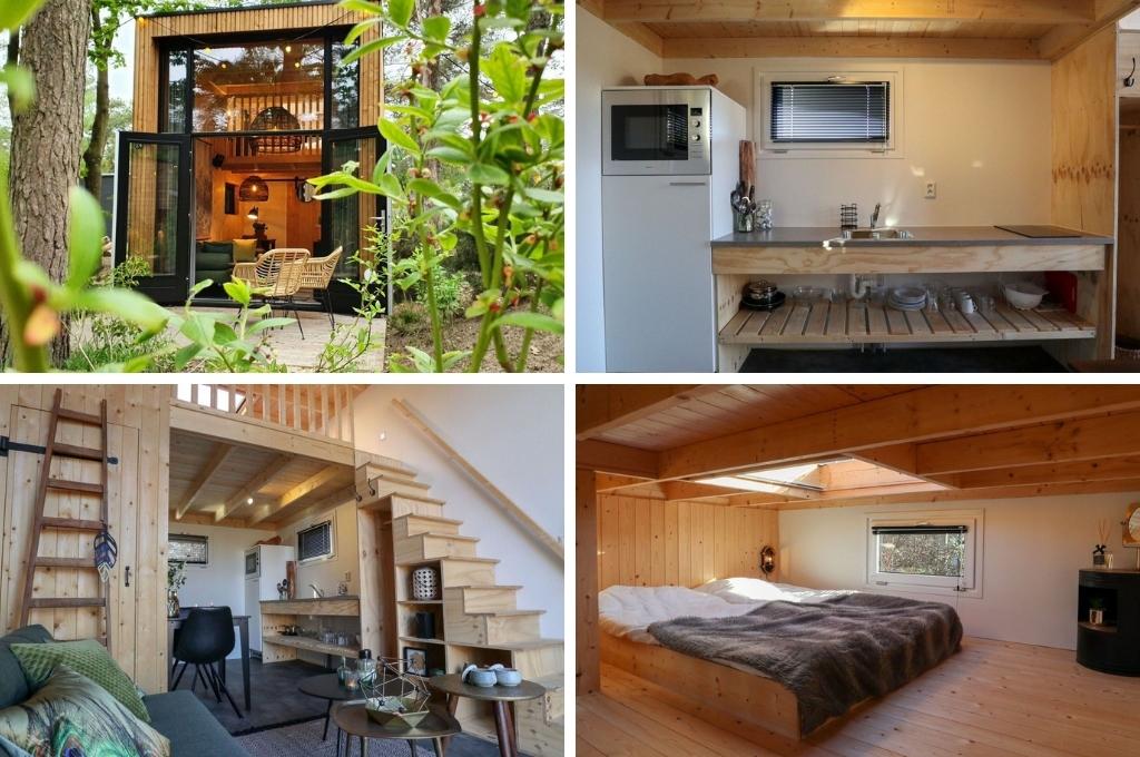 fotocollage van een tiny house op vakantiepark EuroParcs Buitenhuizen, met een foto van de voorkant, een foto van de keuken, een foto van de benedenverdieping en een foto van de slaapvide