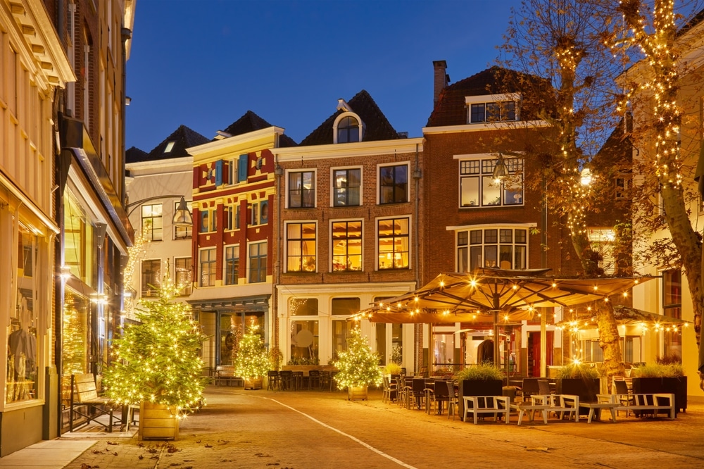 straat met kerstbomen en met kerstlichtjes versierde bomen in het centrum van Deventer