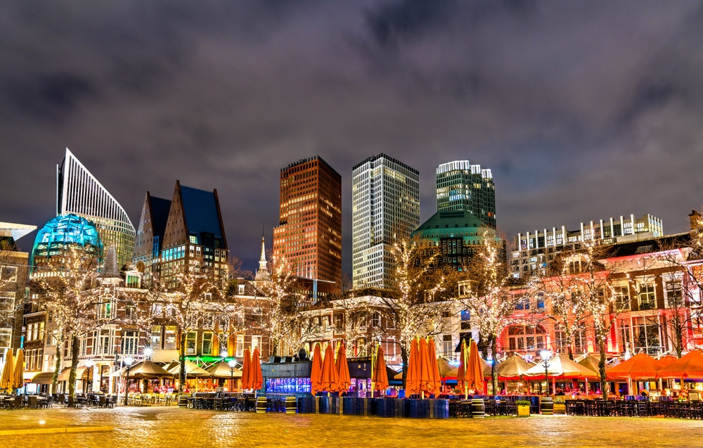 met kerstlichtjes versierden bomen op het Plein in Den Haag