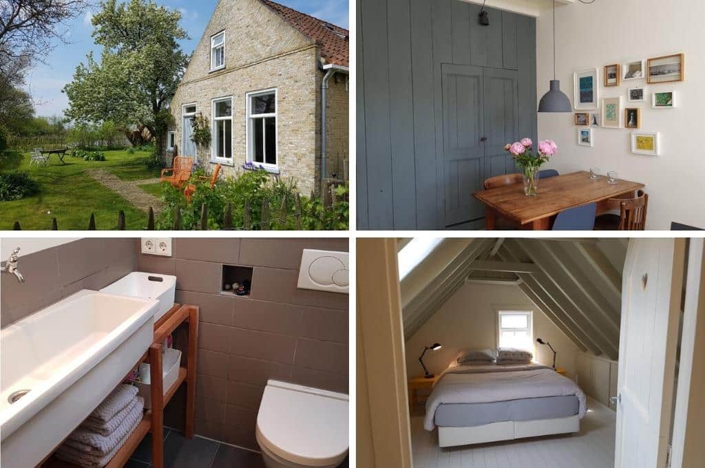 fotocollage van een natuurhuisje in Formerum op Terschelling met een foto van de buitenkant en de tuin van het huis, een foto van de eettafel met daarop roze bloemen en fotolijstjes aan de muur, een foto van het toilet, en een foto van de slaapzolder