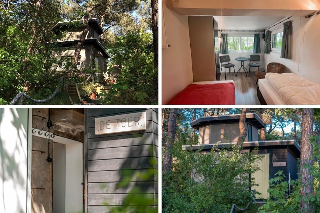 fotocollage van een voormalige uitkijkbunker op Terschelling dat nu een vakantiestudio is, met twee foto's van de buitenkant, een foto van het interieur met twee bedden, twee stoelen en een kast en een foto van de entree