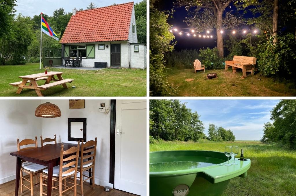 fotocollage van een natuurhuisje in Midsland-Noord op Terschelling met een foto van de buitentkant en de tuin met picknicktafel, een foto van de tuin met houten bank en lichtjes in de avond, een foto van de houten eettafel en stoelen binnen, en een foto van de groene jacuzzi met een fles wijn, twee glazen en uitzicht op het weiland