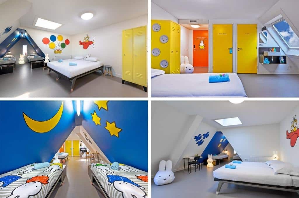 fotocollage van de nijnte-kamer in het Stayokay Hostel Utrecht, met vier foto's van het interieur van de kamer. De kinderbedden hebben een nijntje-dekbedovertrek, de muren hebben nijntje-beschilderingen en er staan nijntjes-lampen en -kussens