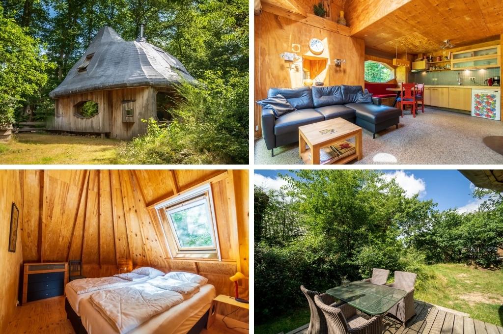 fotocollage van een boshuisje in de vorm van een paddenstoel gelegen in Drenthe, met een foto van de buitenkant, een foto van het leefgedeelte, een foto van een slaapkamer en een foto van het terras