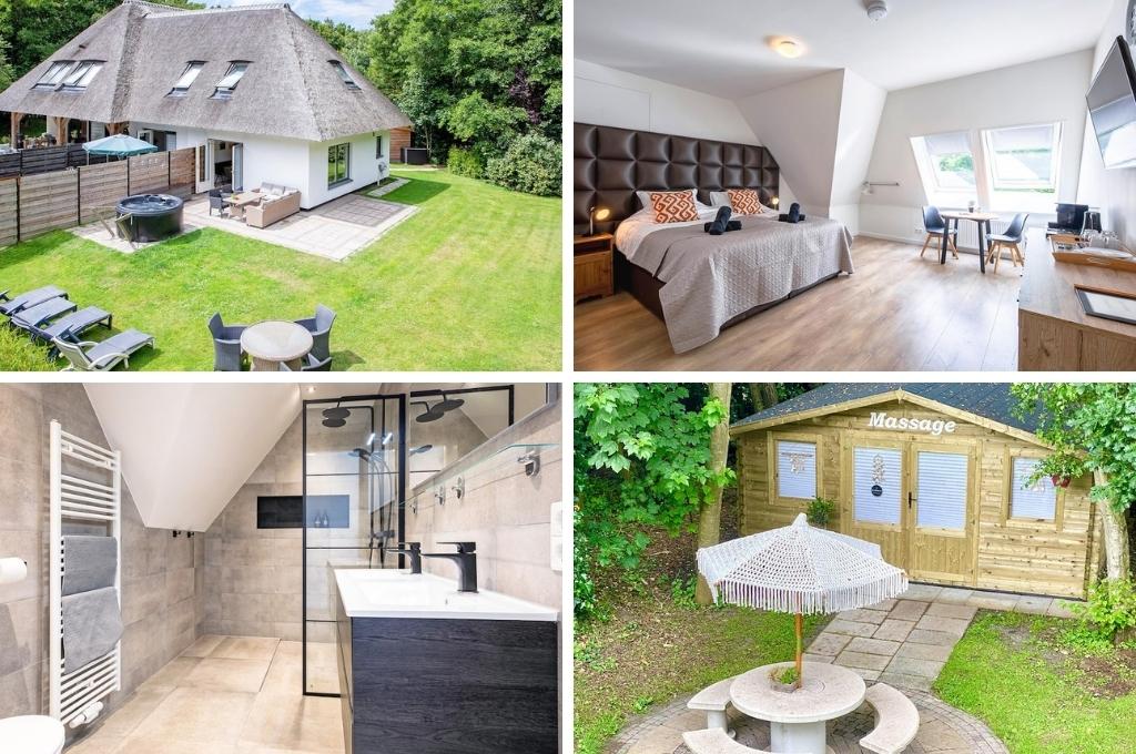 fotocollage van een B&B op Texel met een foto van het huis met rieten dak en de tuin, een foto van een kamer, een foto van een badkamer en een foto van een ronde picknicktafel ne huisje in de tuin