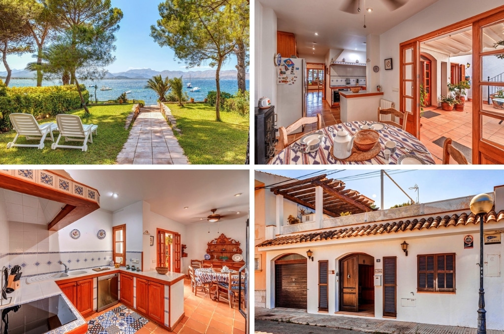 fotocollage van vakantiehuis Ca L'Estrella op Mallorca met een foto van het grasgazon met uitzicht op zee, een foto van de eetkamer met keuken en patio op de achtergrond, een foto van de keuken met de eettafel op de achtergrond en een foto van de voorkant van het huis