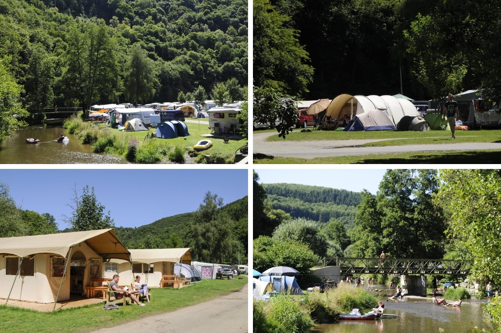 fotocolalge van Camping Kautenbach in Luxemburg met twee foto's van gevulde kampeerplekken aan de rivier, een foto van ingerichte safaritenten en een foto van tenten op een kampeerplek