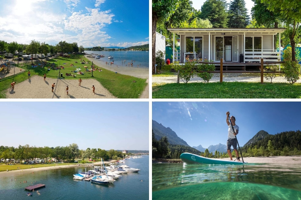 fotocollage van Camping Lido Verbano aan het Lago Maggiore met een foto van de ligweide aan het meer, een foto van een stacaravan, een foto van de aanlegsteiger met bootjes en een foto van een man in kleding op een SUP