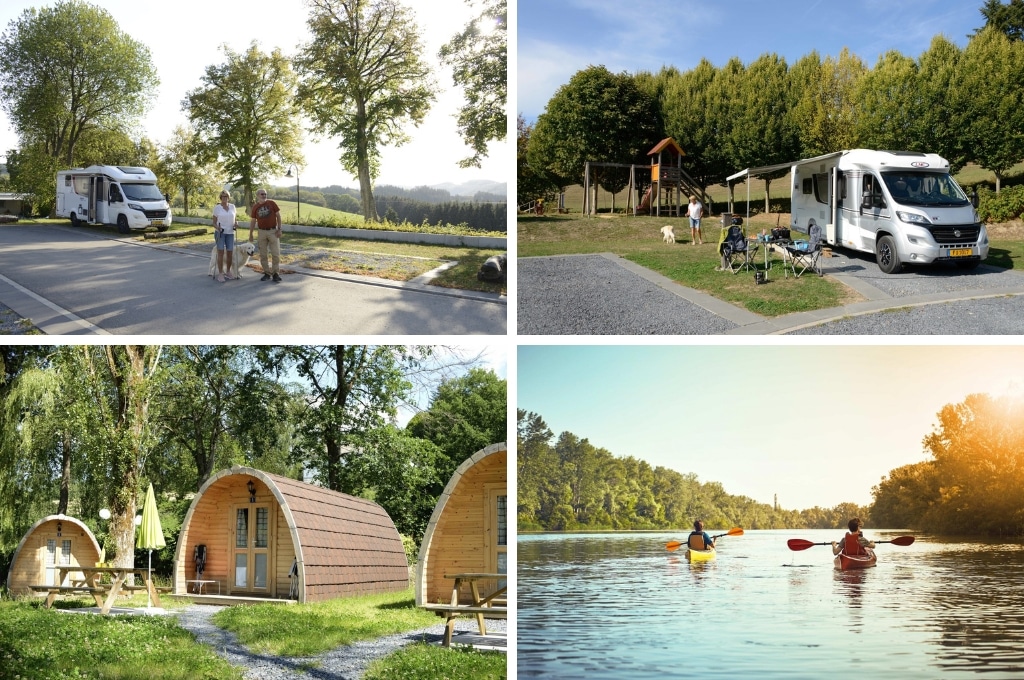 fotocollage van Camping Liefrange in Luxemburg met een foto van senioren met een hond bij een parkeerplaats, een foto van een stacaravan en vrouw met hond, een foto van de pods en een foto van mensen in twee kano's op het water