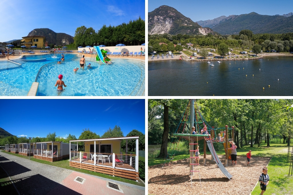 fotocollage van Camping Orchidea met een foto van het zwembad met kinderen en een vrouw met badmutsen, een foto van de ligging aan het Lago Maggiore, een foto van een rij stacaravans en een foto van kinderen die in de speeltuin spelen