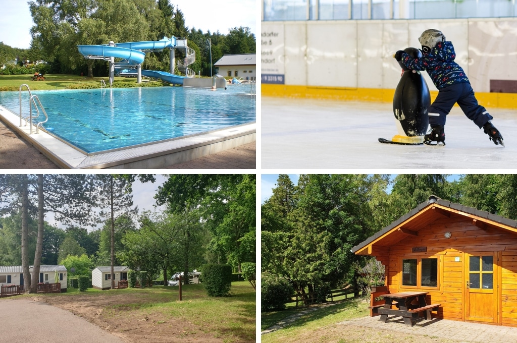 fotocollage van Camping Park Beaufort in Luxemburg met een foto van het zwembad zonder mensen, een foto van een kindje achter een pinguïn op de kunstijsbaan, een foto van lege kampeerplekken en een foto van een trekkershut