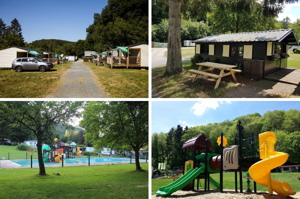 fotocollage van Camping Simmerschmelz in Luxemburg met een foto van een laantje met stacaravans, een foto van een blokhut, een foto van het zwembad met speeltoestel en een foto van de speeltuin
