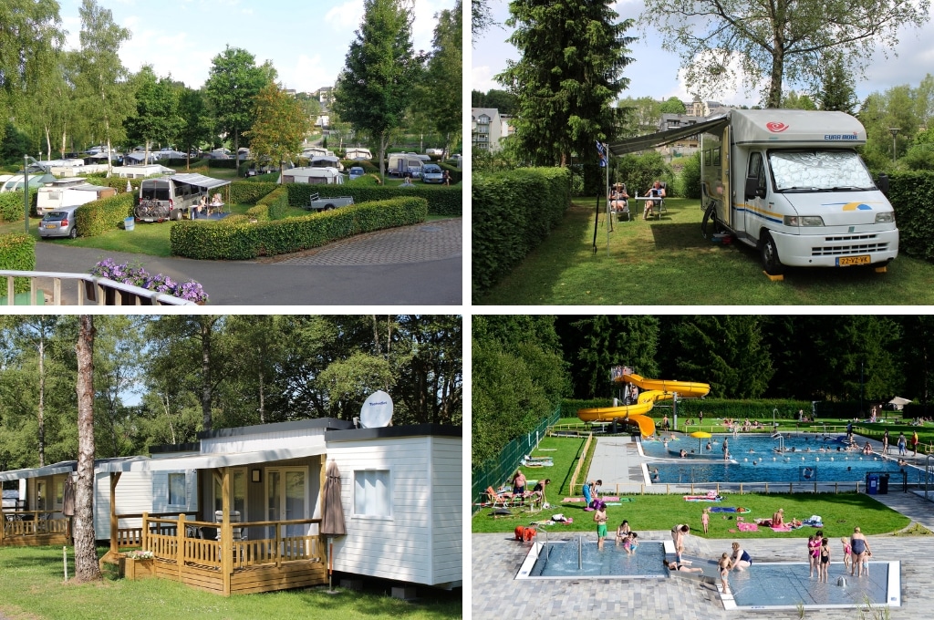 fotocollage van Camping Troisvierges in Luxemburg met een overzichtsfoto van de camping, een foto van een stel naast hun camper, een foto van een stacaravan met veranda en een foto van het zwembad met mensen erin