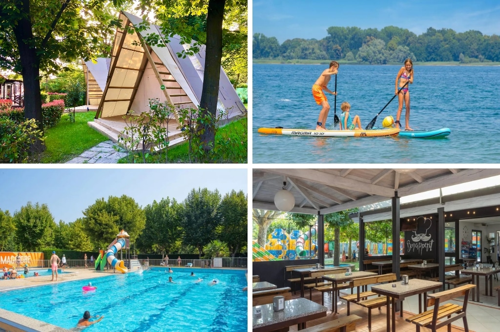 fotocollage van Camping Village Lago Maggiore met een foto van een glamping accommodatie, een foto van drie kinderen op twee SUPs, een foto van het zwembad waarin mensen zwemmen, en een foto van het lege restaurant