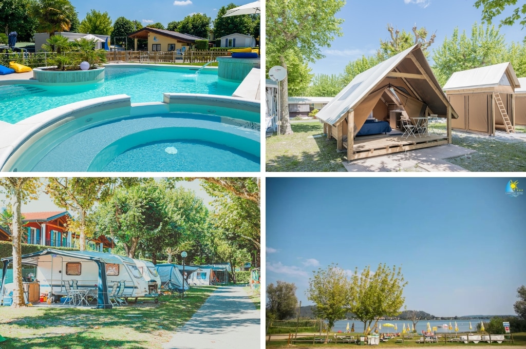 fotocollage van Camping Rose aan het Lago Maggiore met een foto van het lege zwembad, een foto van een glampingtent die open staat, een foto van een pad met tenten en een caravan en een foto van de ligweide en het meer