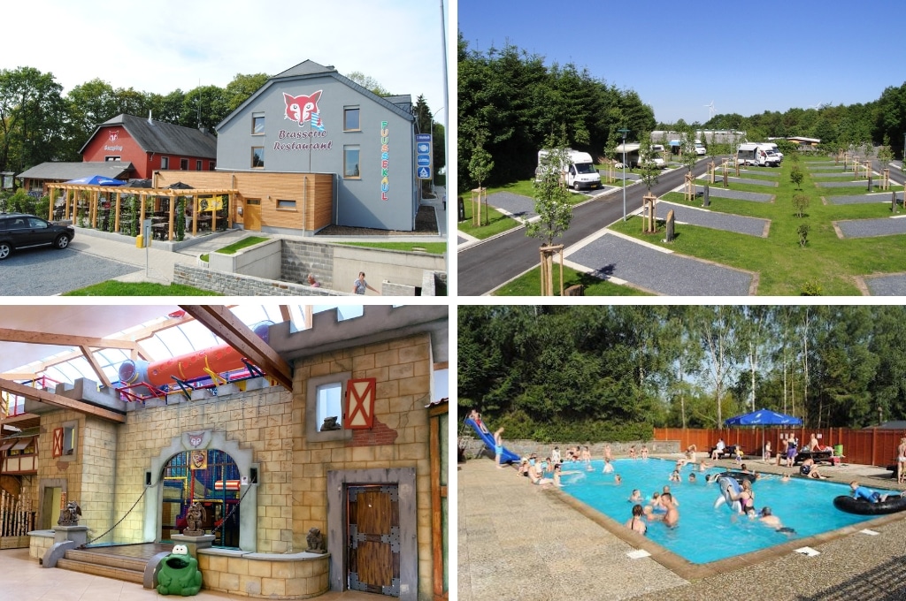 fotocollage van Camping Fuussekaul in Luxemburg met een foto van het restaurantgebouw, een foto van camperplekken, een foto van de indoor speelhal en een foto van een druk zwembad