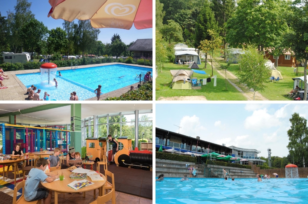 fotocollage van Camping Auf Kengert in Luxemburg met twee foto 's van het zwembad, een foto van gevulde kampeerplekken en een foto van de binnen speelruimte