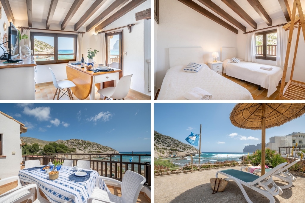 fotocollage van een vakantiehuis aan de Cala Barques op Mallorca, met een foto van de woonkamer en uitzicht op zee, een foto van een slaapkamer met twee eenpersoonsbedden, een foto van het terras met uitzicht op de baai en een foto van twee ligbedden en een parasol met uitzicht op de baai