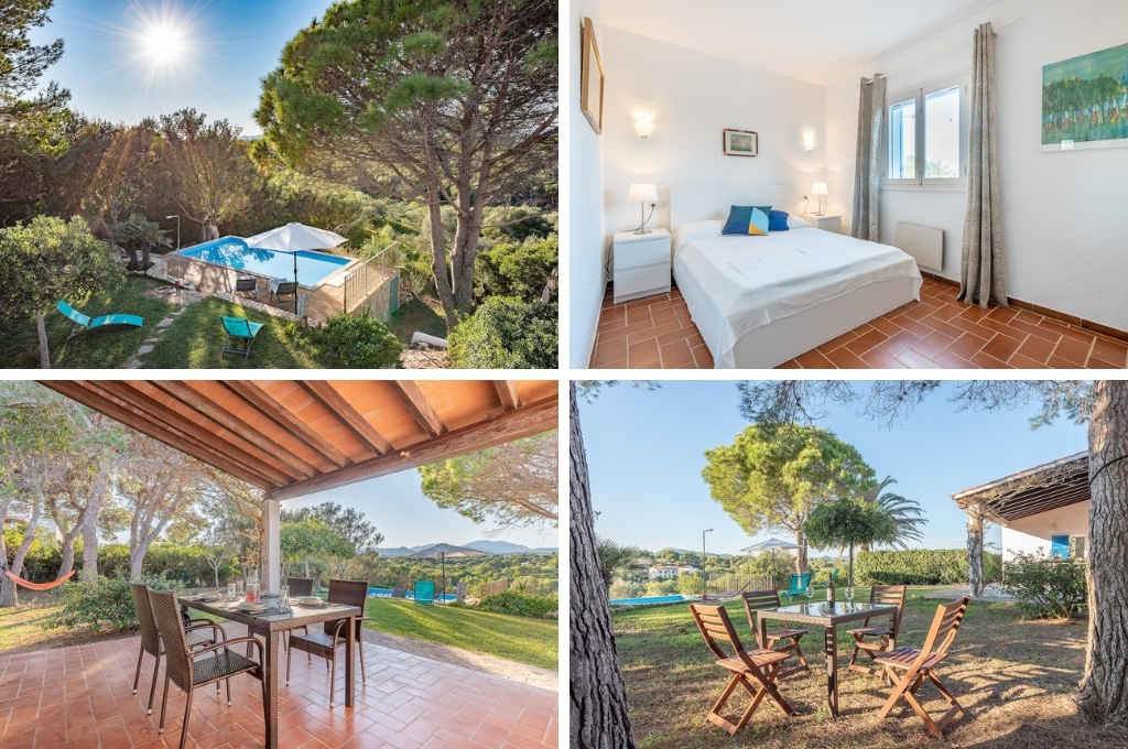 fotocollage van een vakantiehuis in Cala Murada, Mallorca. De collage bestaat uit een foto van het zwembad in de groene omgeving, een foto van een lichte slaapkamer, een foto van het overdekte terras en een foto van een tuinset in de tuin.