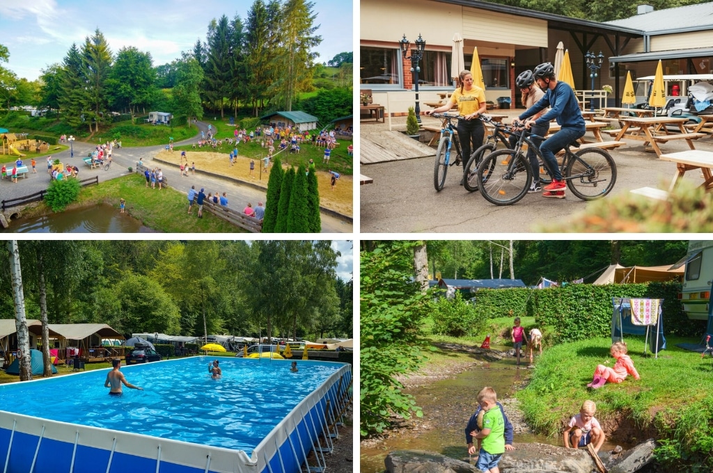 fotocollage van camping Walsdorf in Luxemburg met een foto van de camping met veel gezinnen en animatie, een foto van een stel en animatielid op mountainbikes, een foto van het opzetzwembad en een foto van spelende kinderen in de beek