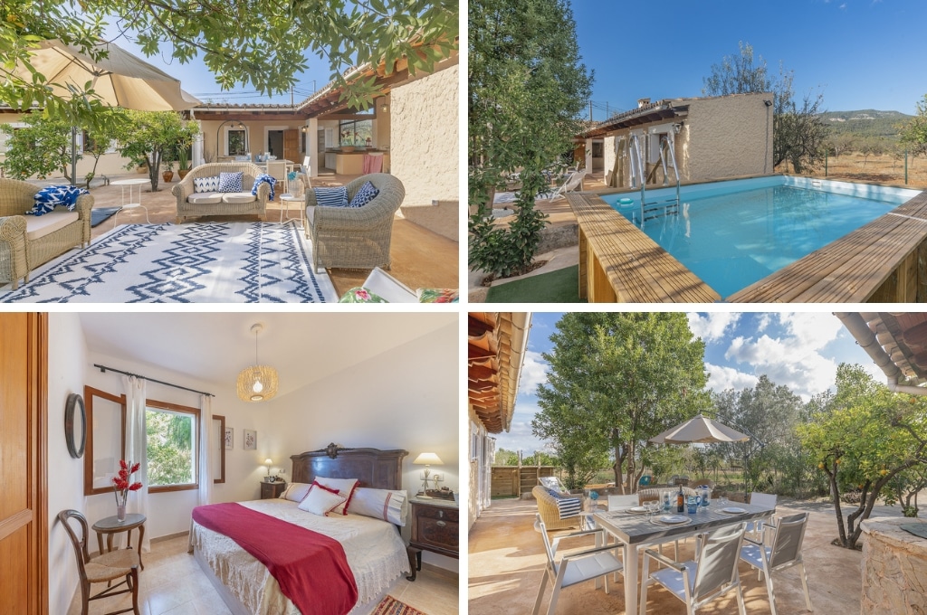 fotocollage van Villa Bunyola Tramuntana´s Sun op Mallorca, met een foto van de loungehoek in de tuin, een foto van het zwembad in de tuin, een foto van een tweepersoons slaapkamer en een foto van de eettafel in de tuin