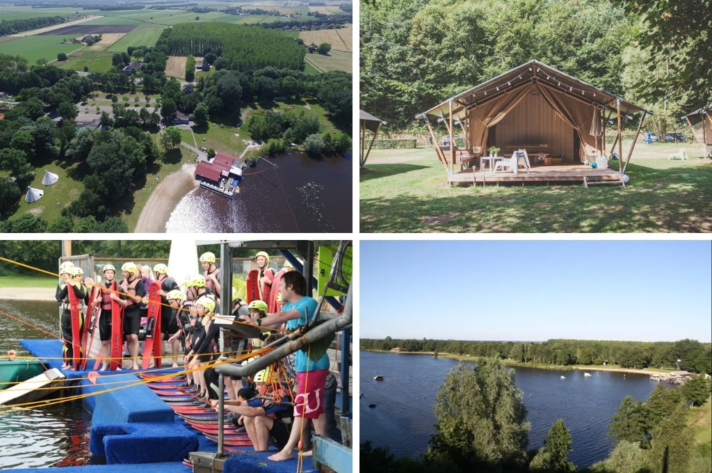 fotocollage van vakantiepark Break Out Grunopark in Groningen met een foto van het bovenaanzicht, een foto van een safaritent, een foto van waterskiërs die klaar staan en een foto van de recreatieplas